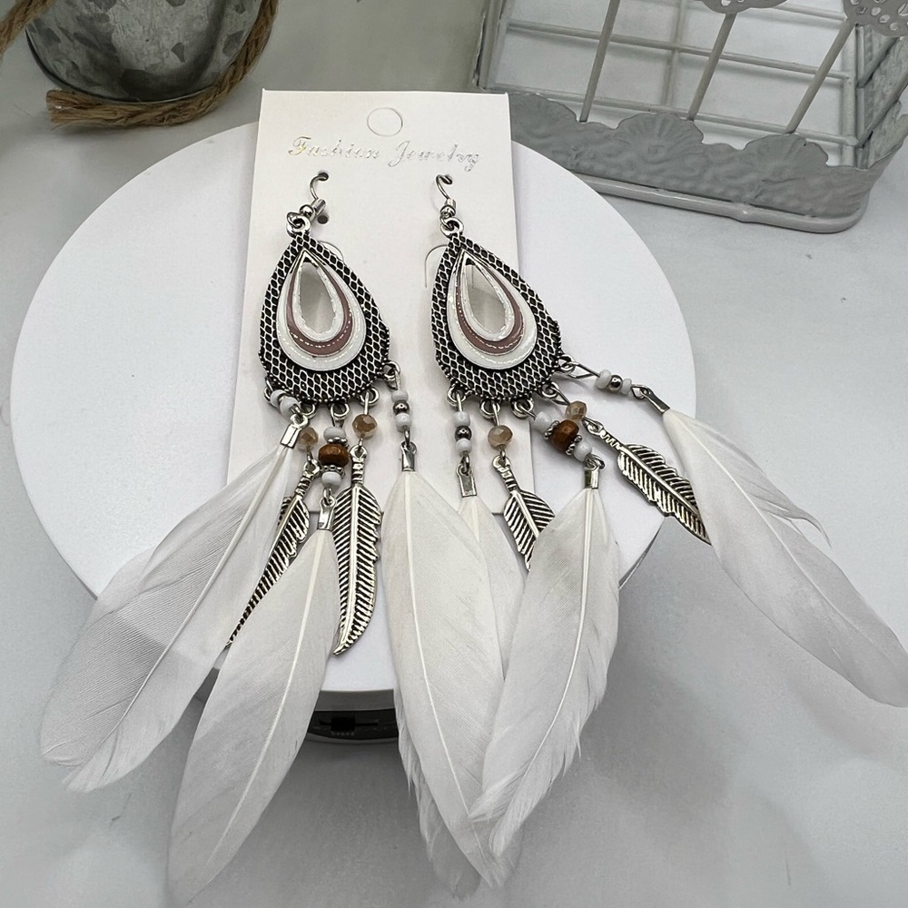 Chic Silver and White Feather Earrings